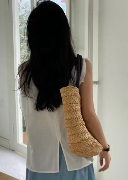 Women White Ruffled Patchwork Cotton Tanks Sleeveless