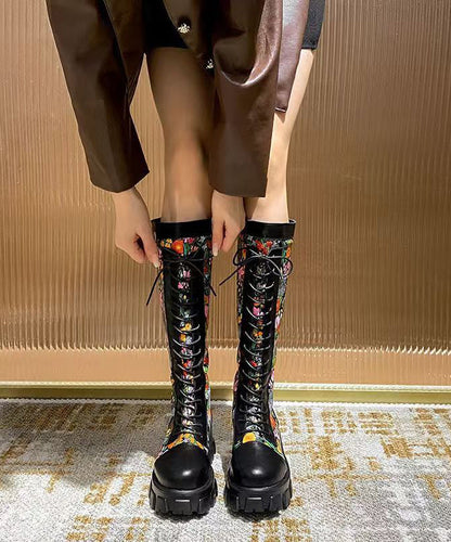 Black Embossed Splicing Chic Platform Boots Lace Up