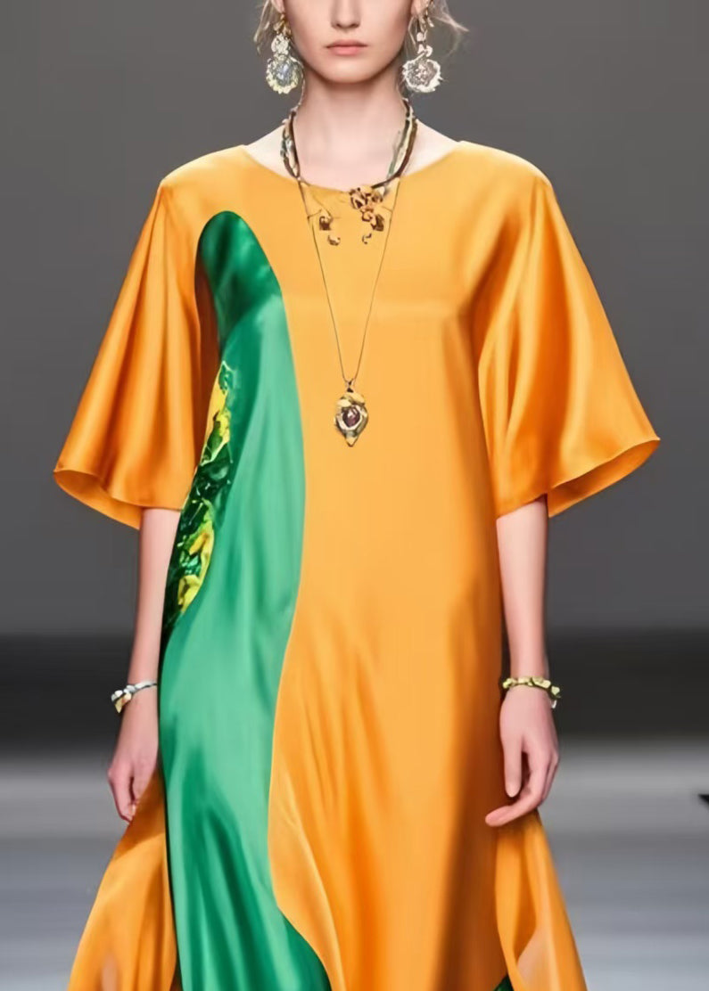 Bohemian Orange Oversized Patchwork Silk Long Dress Summer