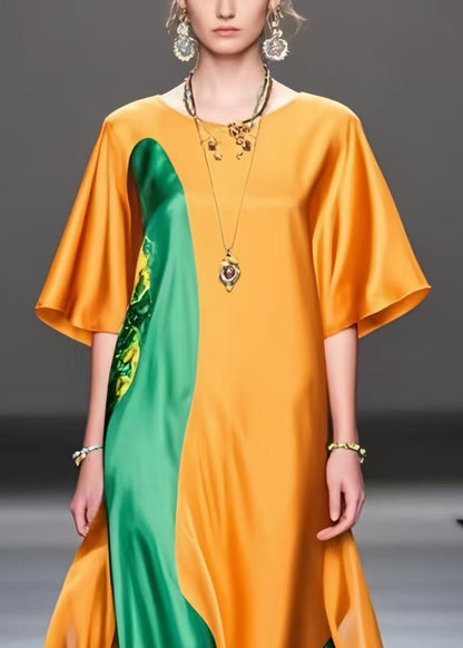 Bohemian Orange Oversized Patchwork Silk Long Dress Summer