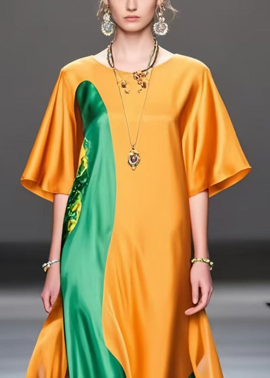 Bohemian Orange Oversized Patchwork Silk Long Dress Summer