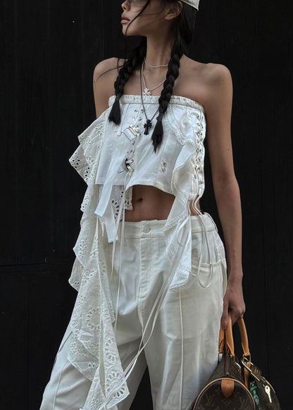 Sexy White Asymmetrical Hollow Out Cotton Tank Sleeveless