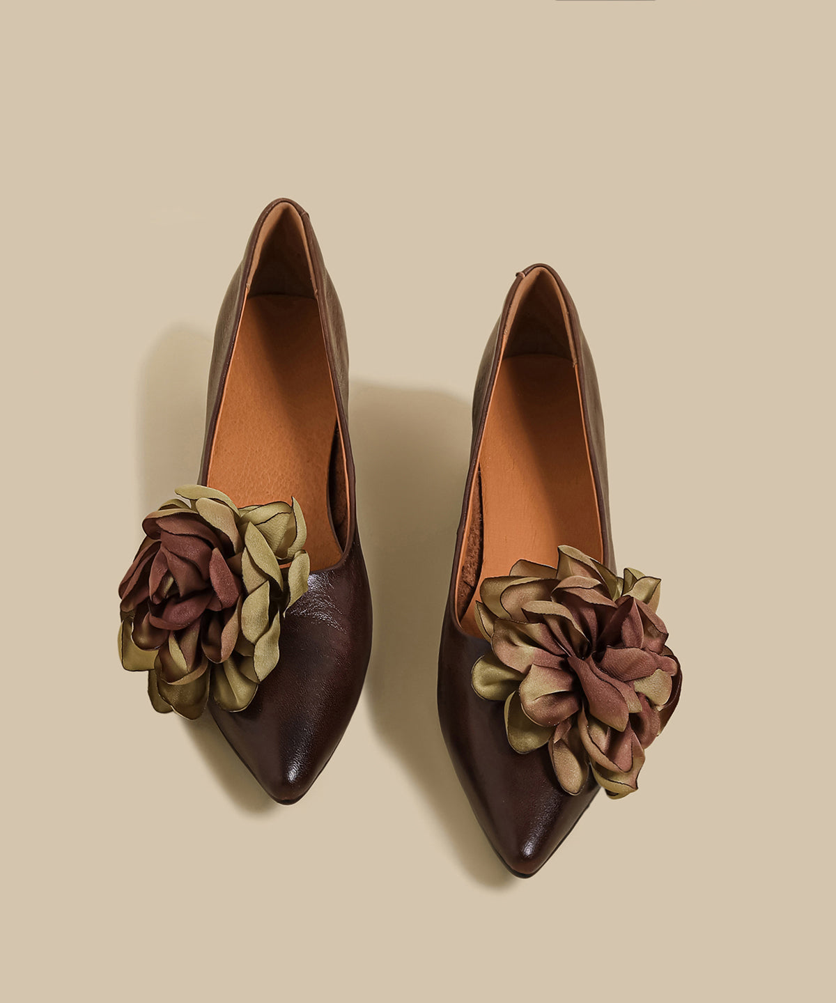 2025 New Brown Flower Cowhide Leather Chunky Heel Shoes