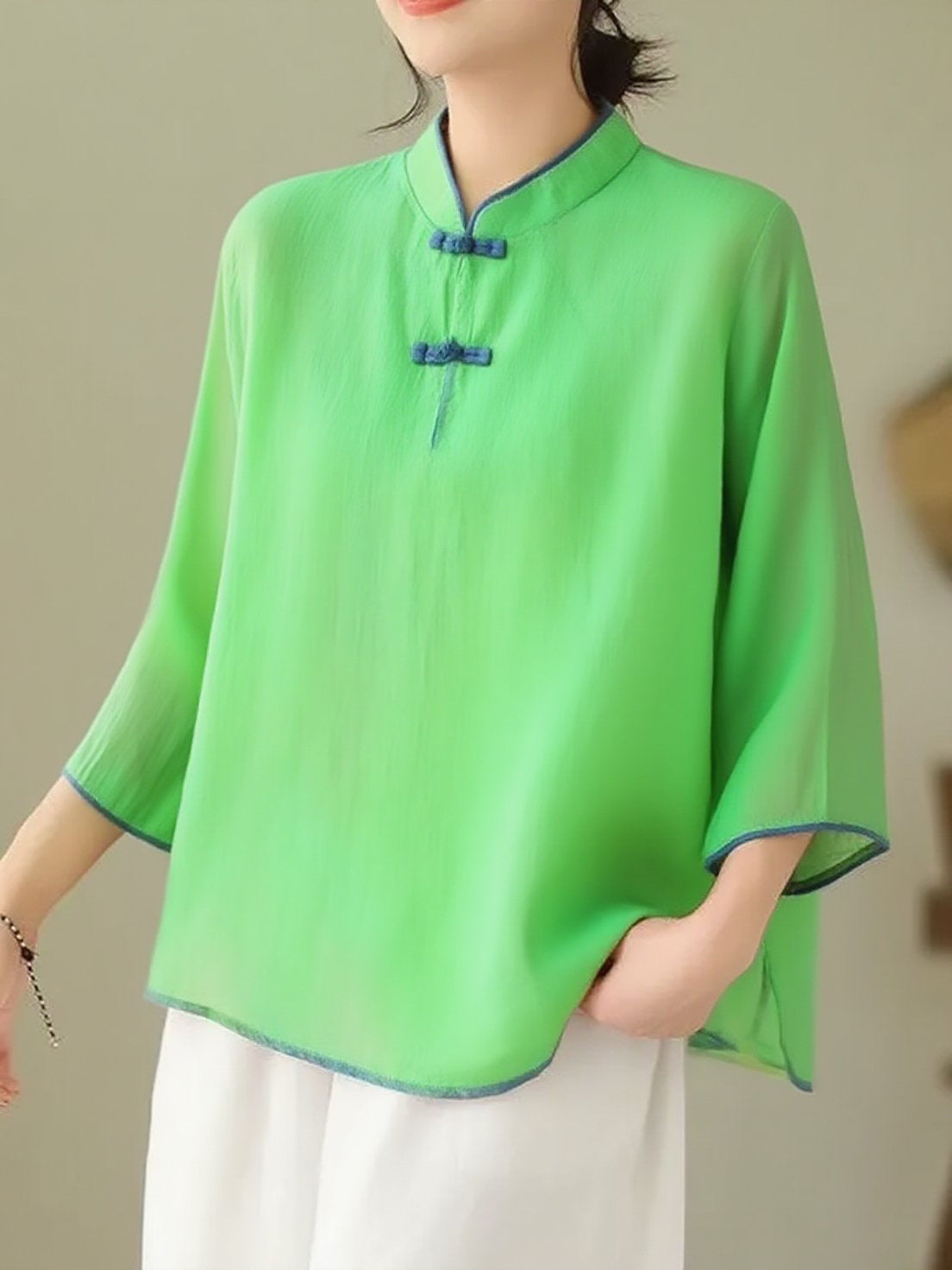 Loose Fruit green Stand Collar Embroideried Print Cotton Shirt Bracelet Sleeve