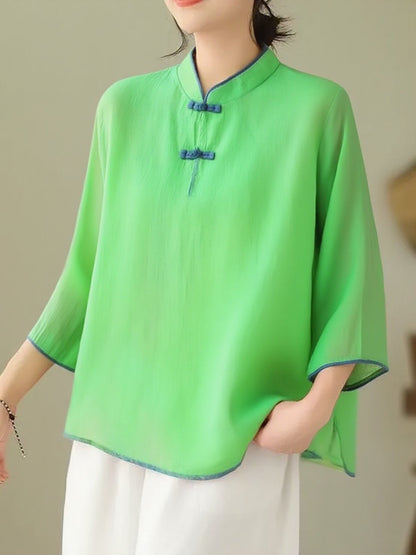 Loose Fruit green Stand Collar Embroideried Print Cotton Shirt Bracelet Sleeve