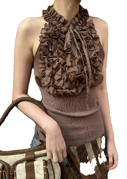 Chic Coffee Ruffled Lace Up Knit Patchwork Tank Sleeveless