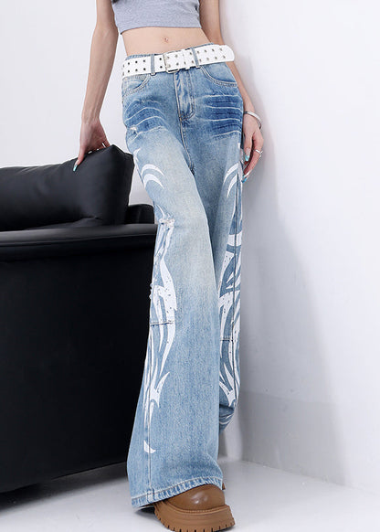 Women Blue Pockets Graffiti Denim Wide Leg Pants Fall
