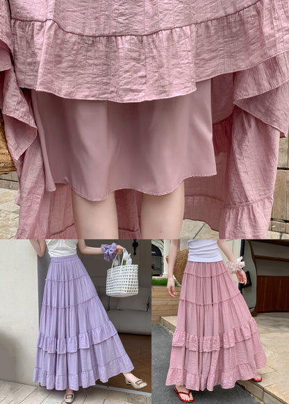 Purple Solid Patchwork Cotton Summer Maxi Skirts Ruffled