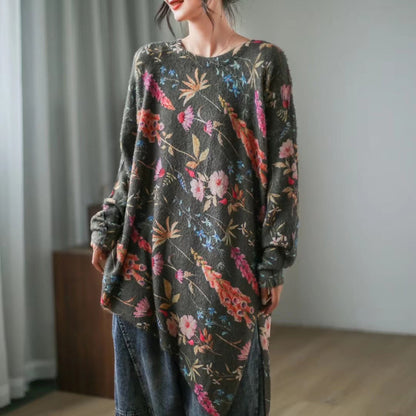 Retro Literary Casual Print Mid-Length Irregular Sweater