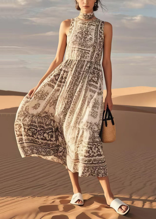 Simple Khaki Print Cotton Long Dresses Summer