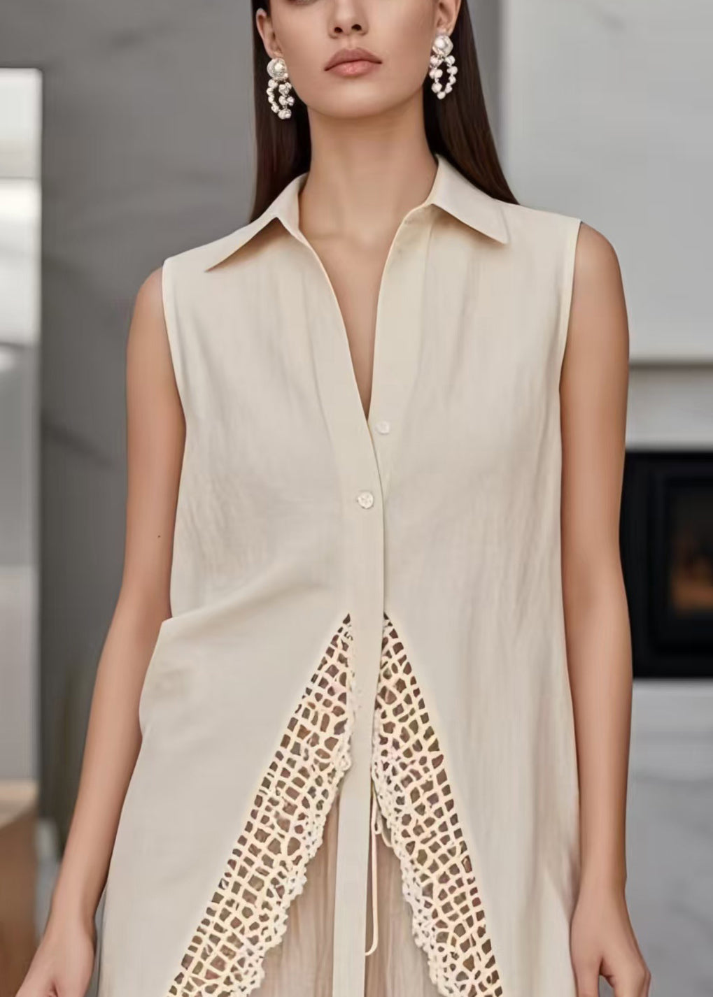 Boho Apricot Side Open Patchwork Lace Long Vests Sleeveless