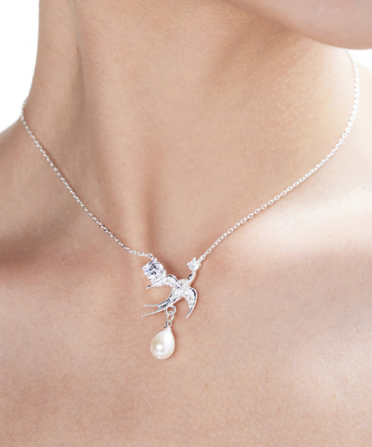 Beautiful Water Zircon Droplet Pearl Little Bird Silver Choker
