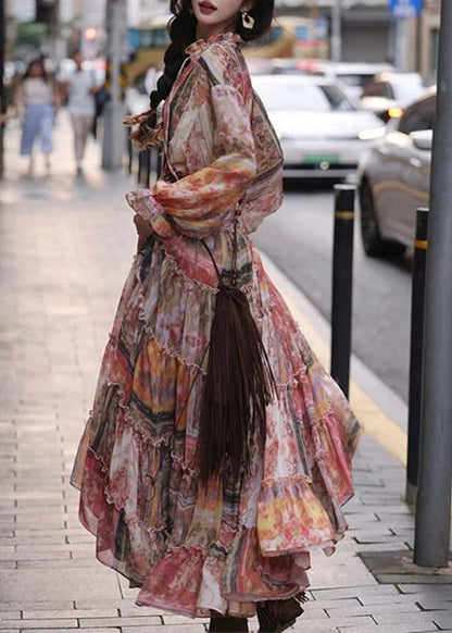 Vintage Red Ruffled Print Tunic Maxi Dresses Lantern Sleeve