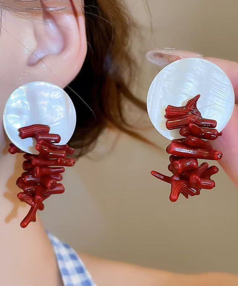 Fashion Red Copper Alloy Shell Resin Drop Earrings
