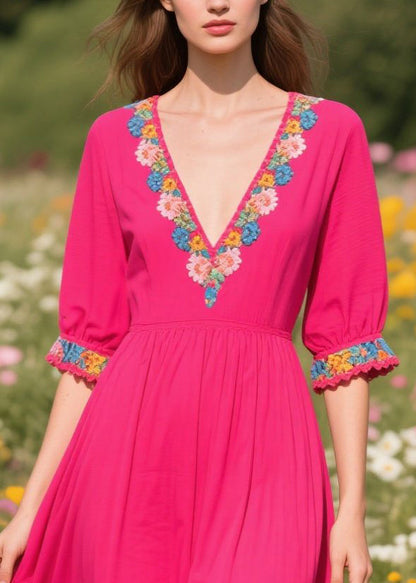 Women Rose V Neck Patchwork Cotton Ankle Dress Summer