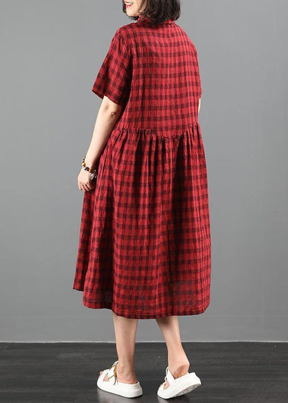 Bohemian lapel Cinched summer dress Work black plaid Maxi Dresses