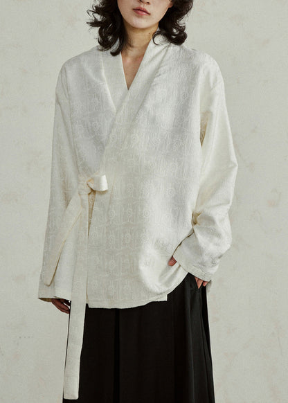 Jacquard Beige V Neck Solid Top Long Sleeve