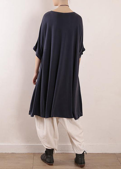 Elegant o neck large hem silk Tunics Boho design blue Art Dress Summer