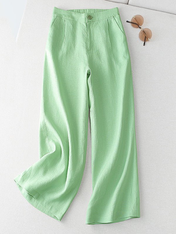Solid Color Straight Casual High Waist Ninth Linen Pants