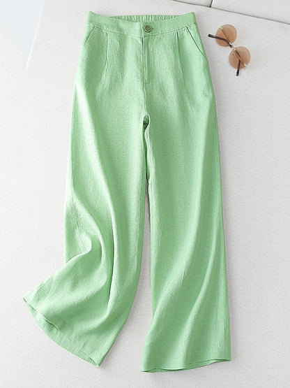 Solid Color Straight Casual High Waist Ninth Linen Pants