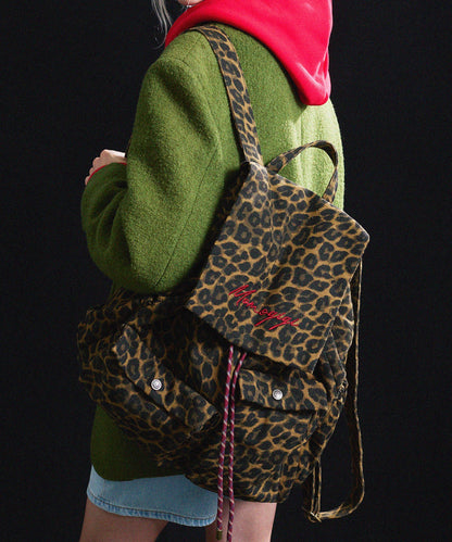 Chic Brown Leopard Embroidered Canvas Backpack Bag