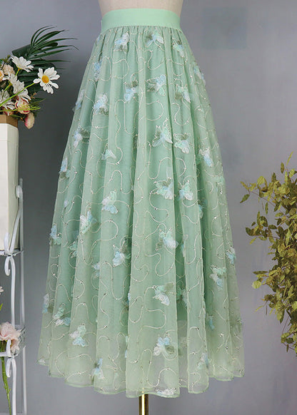 Elegant Light Green Butterfly Embroideried High Waist Tulle Maxi Skirts Spring