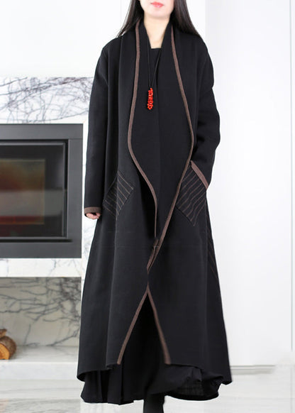 Black Patchwork Knit Coat Outwear Peter Pan Collar Striped Winter