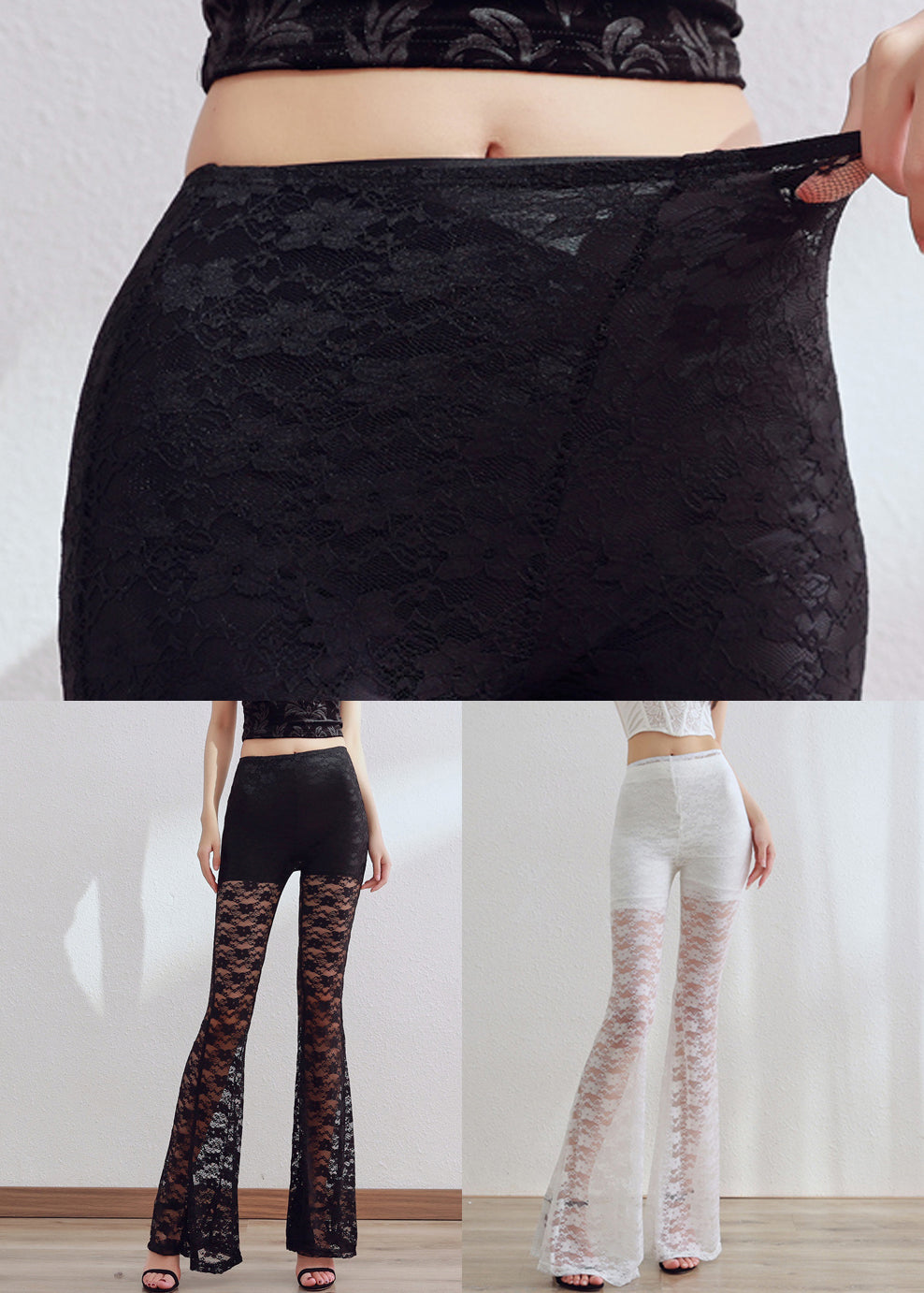 Slim Fit Black Hollow Out Solid Lace Flare Bottoms Summer