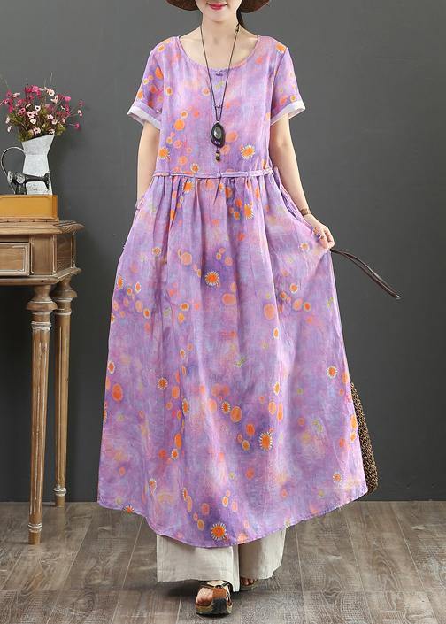 Beautiful o neck drawstring cotton linen summer clothes purple print Dress