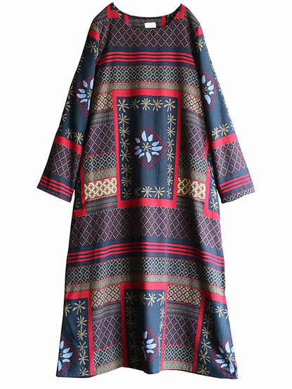 Women Winter Vintage Ethnic Pocket Print Loose Dress