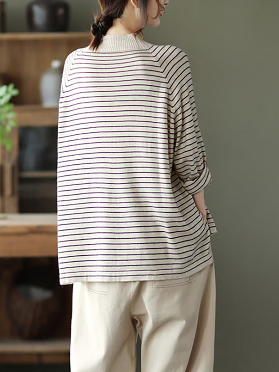 Plus Size - Stripes Turtleneck Knitted Long Sleeve Sweater