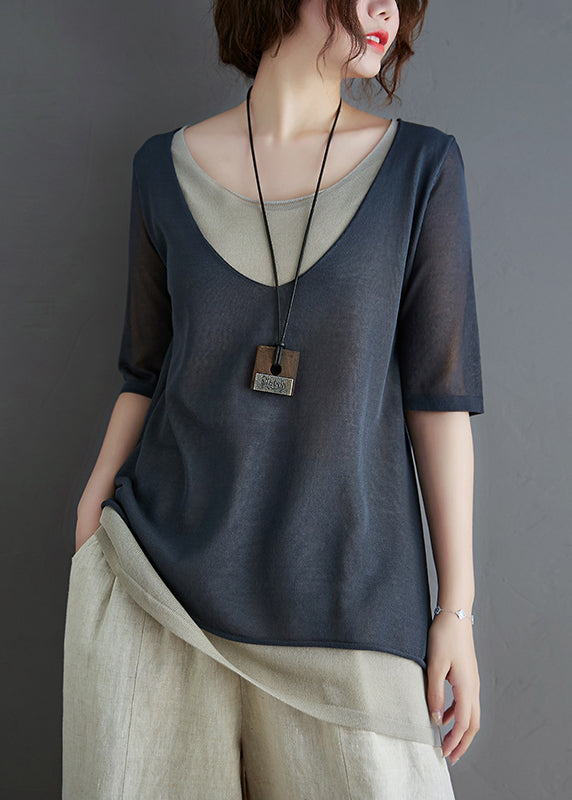 Grey Patchwork Knit Tank O-Neck Summer