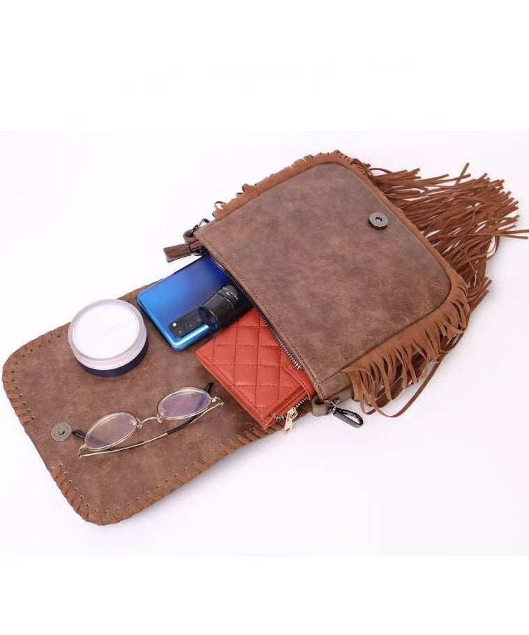 Fashion Brown Embossing Tasseled Faux Leather Messenger Bag