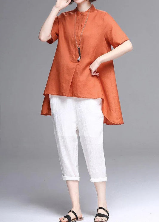 Natural stand collar asymmetric linen cotton box top orange box shirts summer