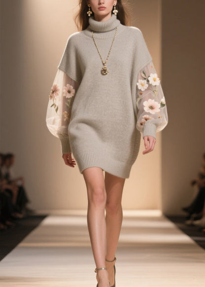 Women Hign Neck Floral Tulle Patchwork Knit Sweater Dress Winter