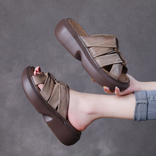 2022 Retro Leather Casual Wedge Slippers For Women