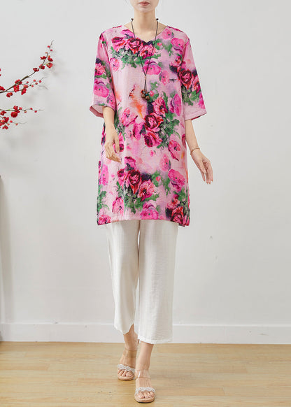 Casual Rose Oversized Print Linen Two Pieces Set Summer