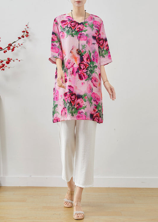 Casual Rose Oversized Print Linen Two Pieces Set Summer