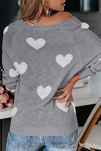 Heart Print V-Neck Knitted Sweater