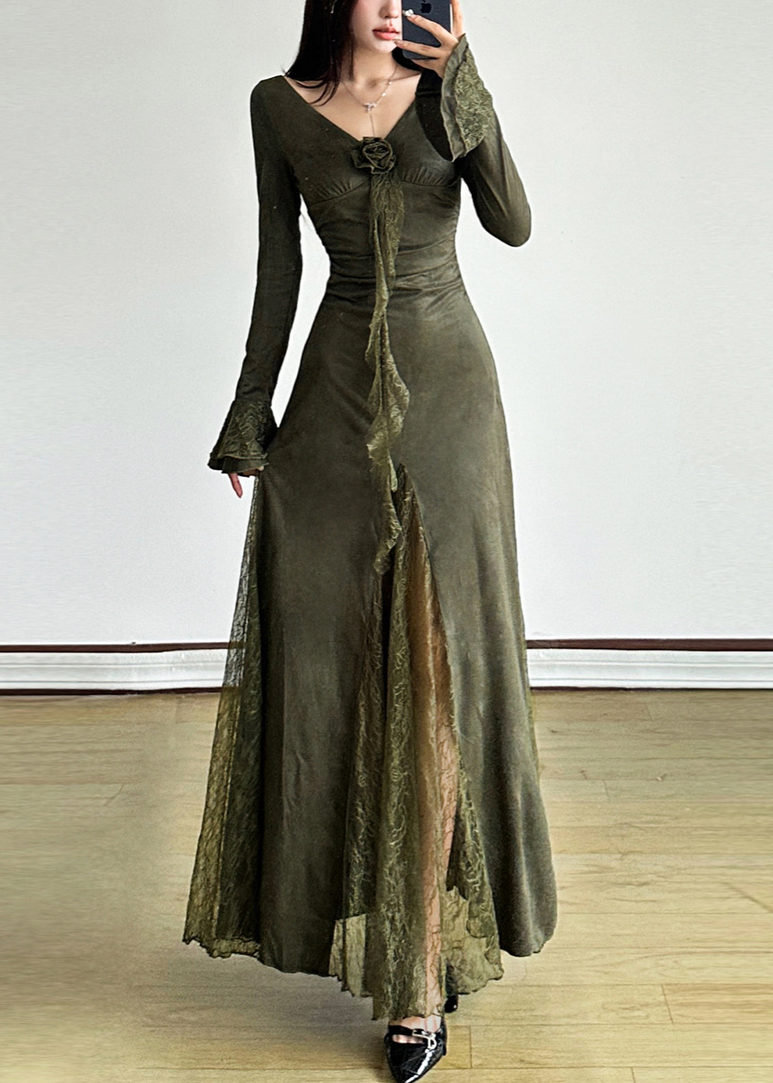 Elegant Blackish Green Patchwork Lace Long Dress Flare Sleeve