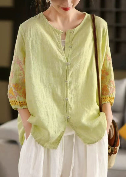 Women Light Green Embroidered Linen Shirts Bracelet Sleeve