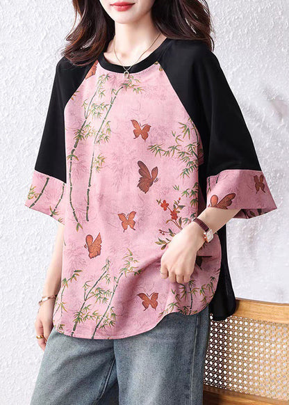 Loose Pink Print Patchwork Cotton T Shirt Bracelet Sleeve