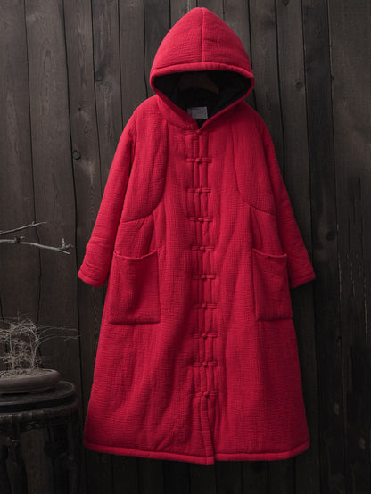 Women Winter Vintage Solid Frog Pocket Hooded Long Coat