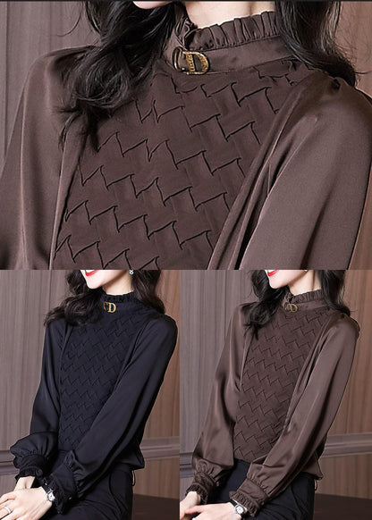 Coffee Patchwork Chiffon Blouses Ruffled Warm Long Sleeve