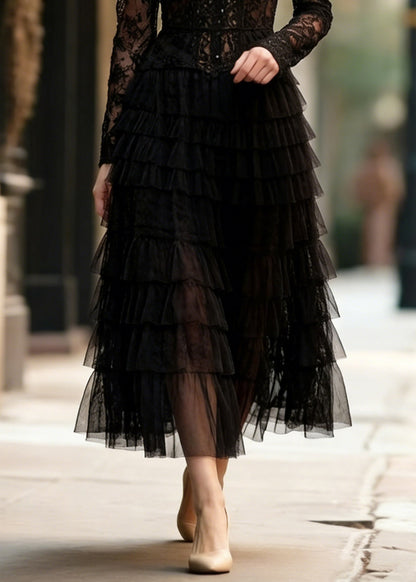 Slim Fit Black Hollow Out Lace Tops And Tulle Skirts Two Pieces Set Spring