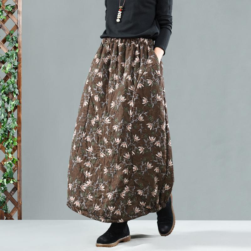 Retro Cotton Linen Quilted Thick Print Floral Skirt
