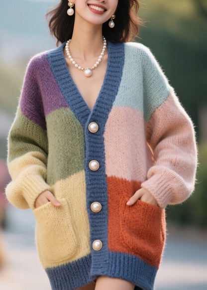 Plus Size Colorblock Button Pockets Patchwork Knit Cardigan Fall