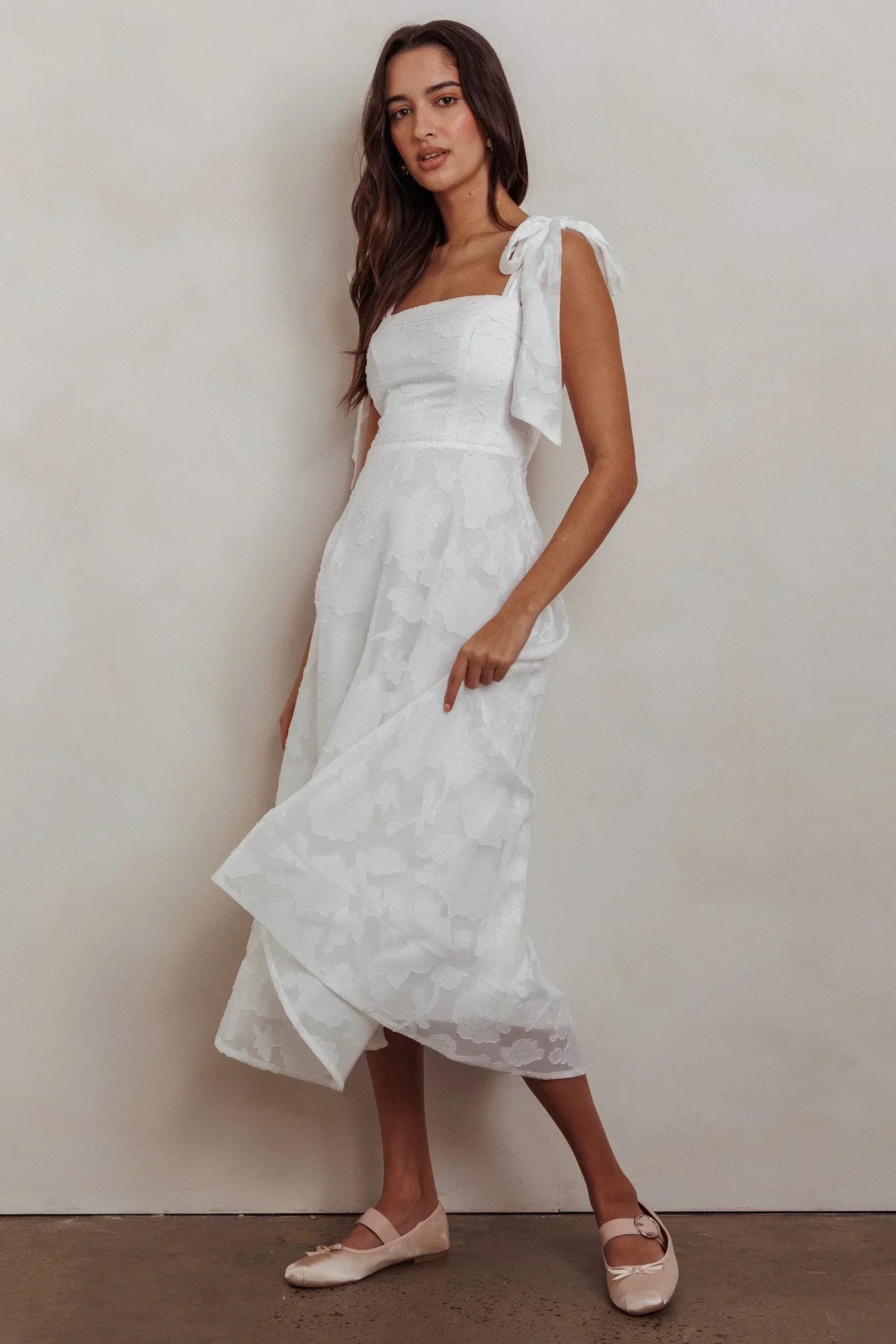 Jeanie Bow Shoulder Midi Dress Embossed White