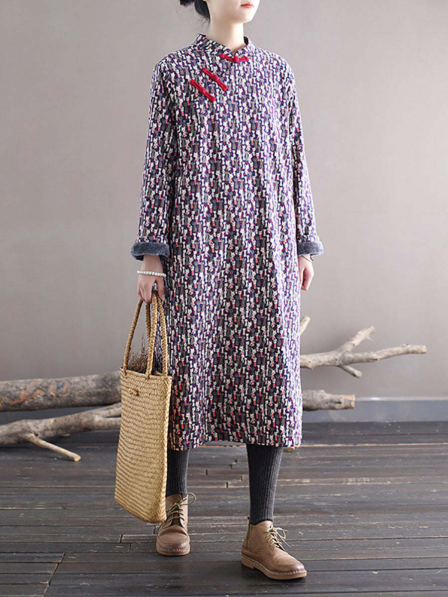 Women Winter Chinese Floral Print Frog Thick Long Dress