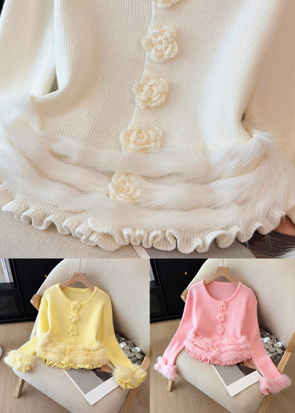 Floral White Ruffled Cozy Patchwork Knit Sweater Tops